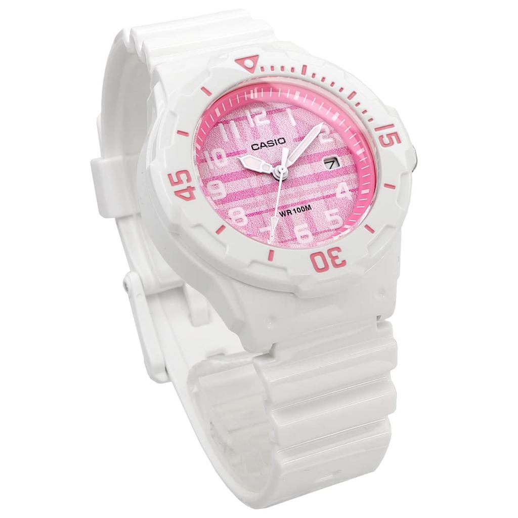 Casio LRW-200H-4CV Analog Watch for Women and Kids, Gloss White with Pink Check Pattern, Overseas Model [Parallel Import]