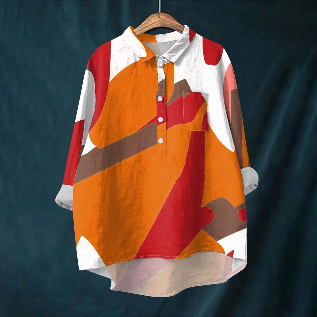 Женская рубашка-блузка с длинными рукавами и принтом на пуговицах, повседневный подол, нестандартный воротник рубашки