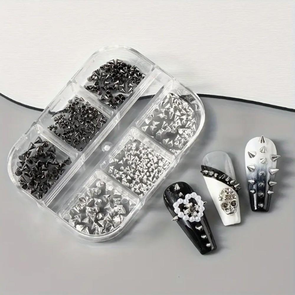 3D Metallic Finish Nail Art Studs 6 Grids Multi-Size Cone Spike Nail Jewels Home Nail Decoration