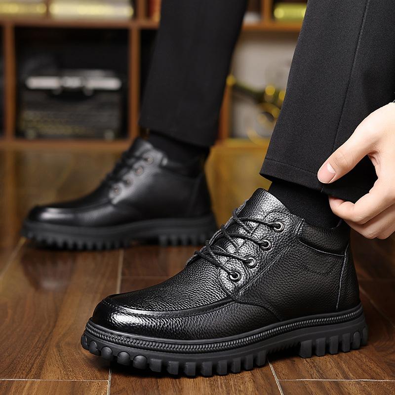 New Winter Genuine Leather Flat Designer Snow Boot Men Fashion Outdoor Cotton Shoes Antiskid Walking Office Business Ankle Boots