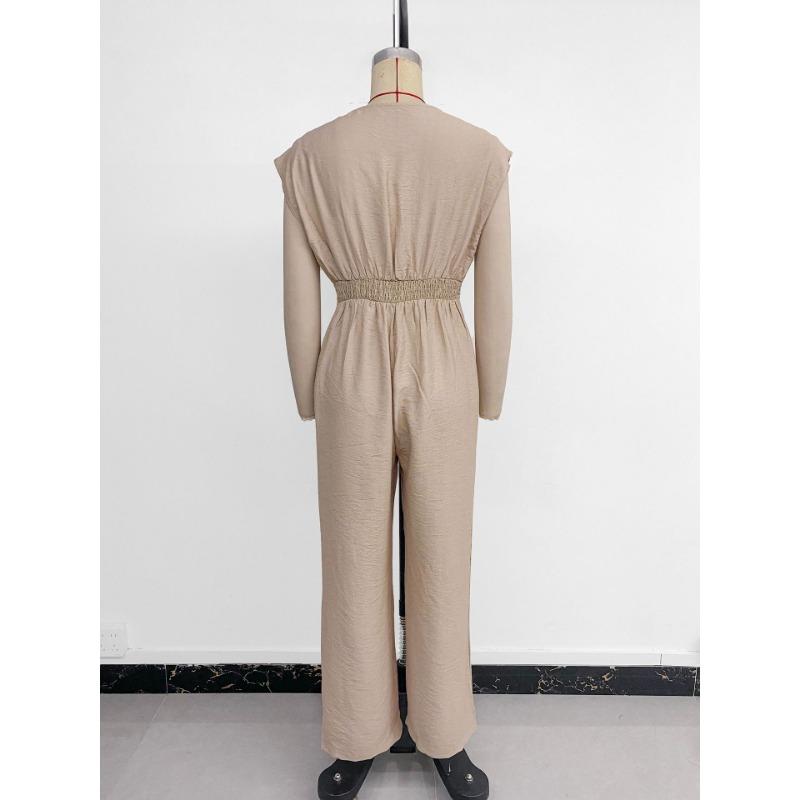 Женский новый комбинезон для отдыха и отпуска, простой, с V-образным вырезом, однотонный, эластичный, с высокой талией и широкими штанинами