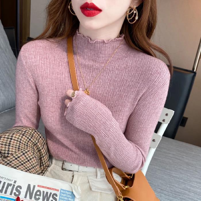 Wooden Ear Side Half Turtleneck Knitted Top For Women Autumn and Winter Knitwear Style Outside To Wear A New Coat Inside The Base
