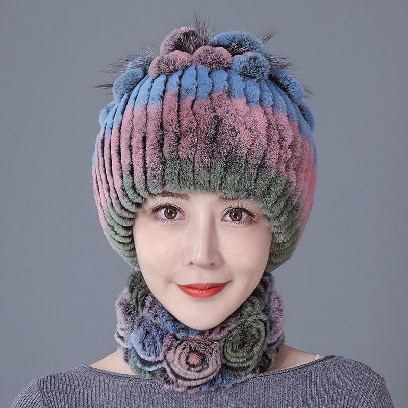 Шапка из меха кролика, женская зимняя мода, универсальная, теплая, зимняя защита для ушей, шарф из меха кролика Рекс, комплект из двух предметов, меховой костюм из меха