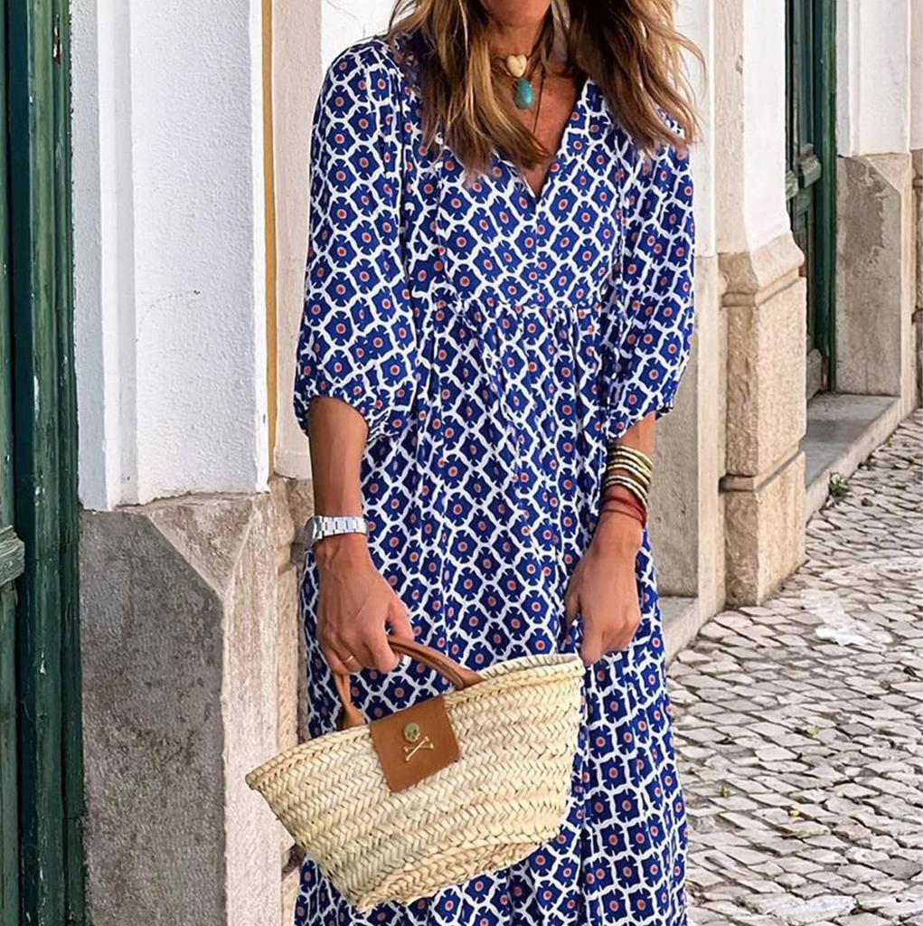 Women Floral Print Bohemian Long Dress Loose V-Neck Fashion Summer Beach Dress