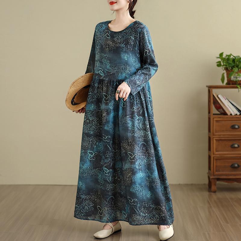 Dimanaf New 2025 Women Plus Size Spring Long Dress Loose Basic Vintage Oversize Long Sleeve Maxi Floral