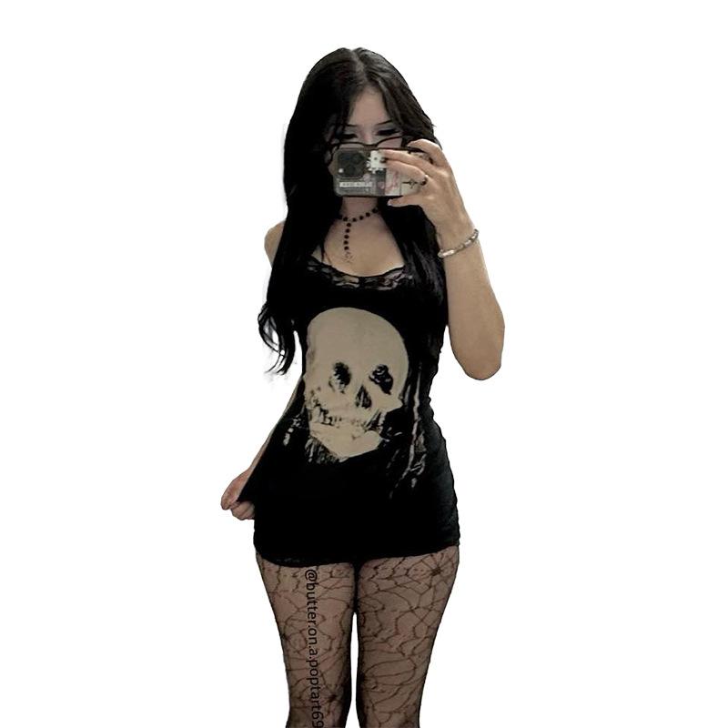 AltGoth Cyber Punk Gothic Dress Women Streetwear Harajuku Skull Printed Sleeveless High Waist Bodycon Dress Grunge Rave Outfits