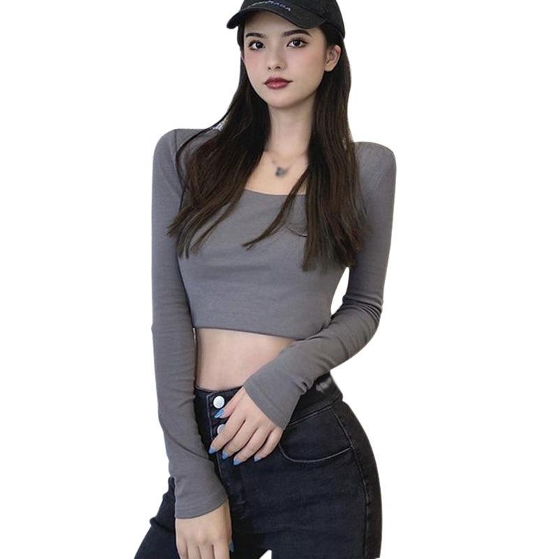 Корейская футболка с квадратным воротником, женская весенне-осенняя повседневная тонкая футболка с длинным рукавом и открытым пупком, топ
