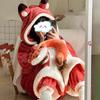 Cartoon Animal Fox Pajamas Women's Winter Coral Fleece Thickened One-Piece Plush Cute Long Hooded Plus Size Robe Home Wear