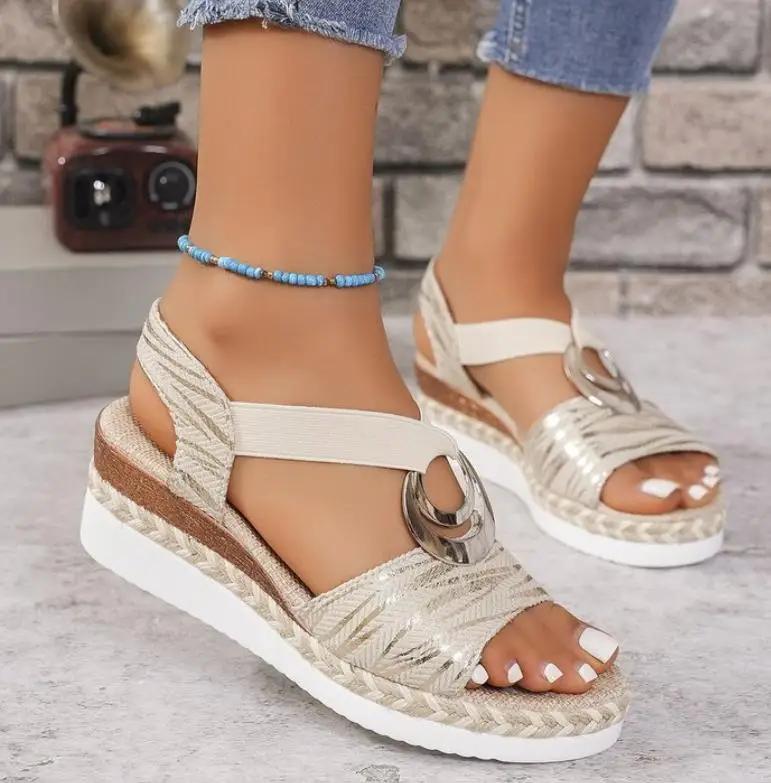 Metal Decoration Women's Wedges Sandals 2025 Summer Snake Print Platform Gladiator Shoes Woman Comfort Casual Med Heels Sandals