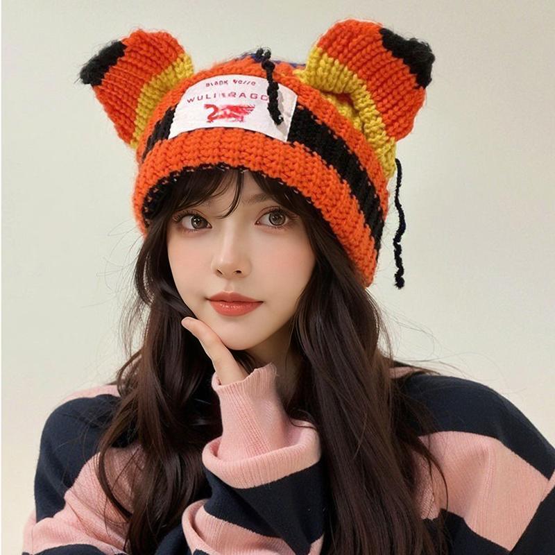 1PC Spliced Colors Fashionable Knitted Hat Keep Warm Gathering Take Photos Pig Ears Thickened Cute Festival New Style