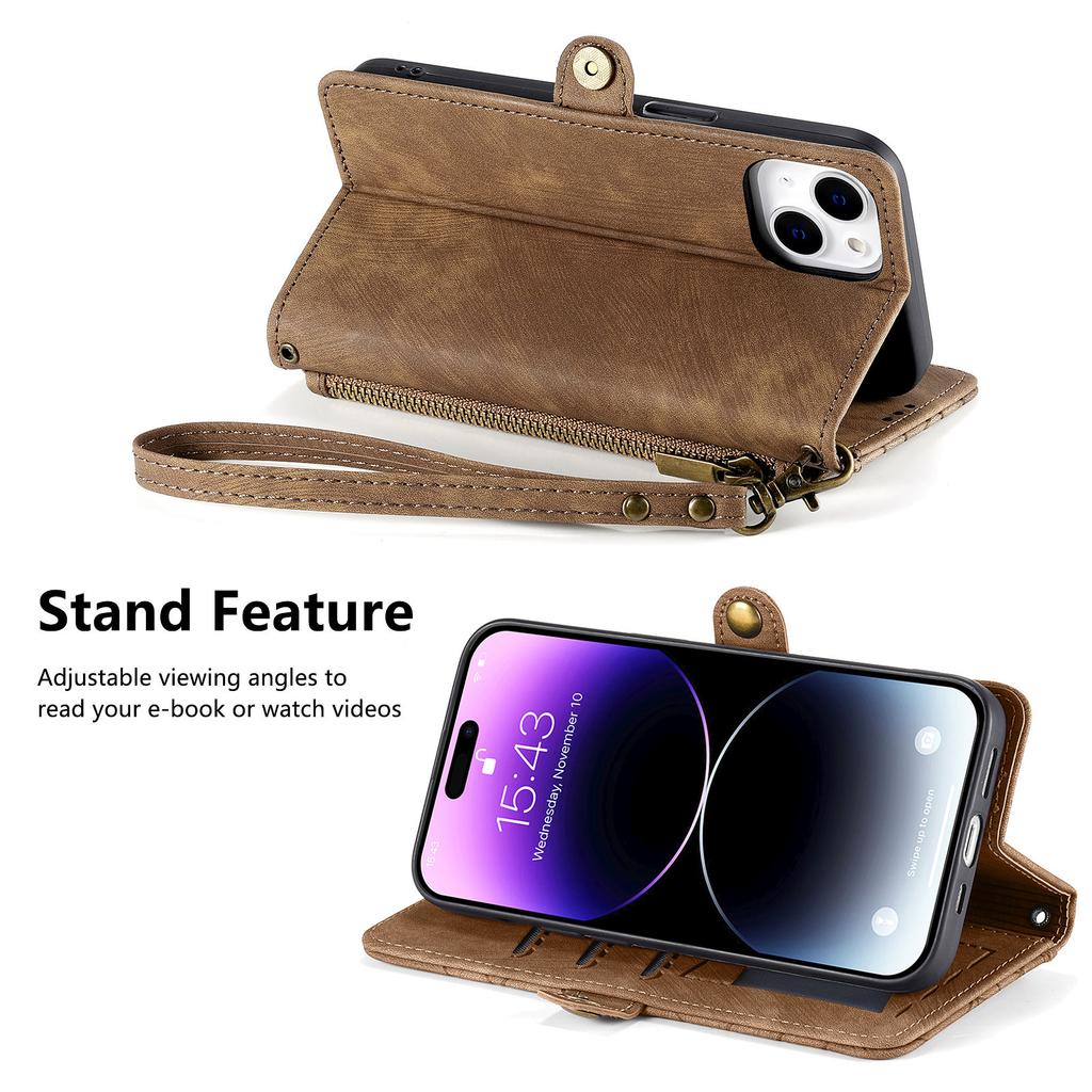 Wallet Zipper Purse Card Solt Leather Case For iPhone 14 15 Pro Max 13 Mini 12 11 SE 2022 X XR XS 8 7 Plus Strap Bag Book Cover