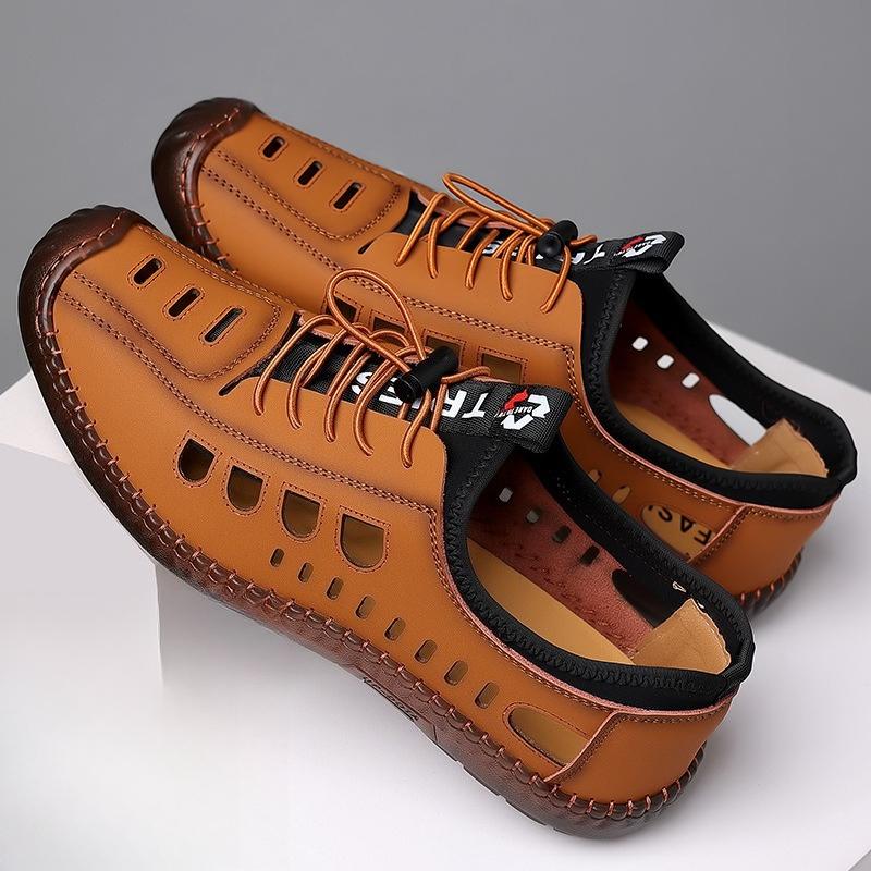 Мода 2025 Лето Мужские Сандалии с Перфорацией из Мягкой Кожи Ручной Работы Дышащая Повседневная Обувь Легкая Мягкая Подошва Удобная Обувь