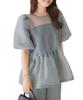 Kobe Lettuce Sheer Peplum Cardboard Tunic for Spring and Sheer Puff Sleeves Size Blue Top, 2-Way Summer, Waist-Cut Cardboard, See-Through [C7634], M,
