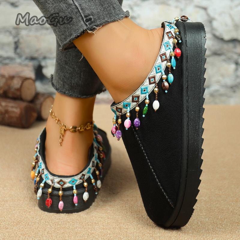 Fashion Bohemia Fringed Decoration Cotton Slippers Women 2025 Winter Comfort Thick Bottom Non Slippers Warm Short Plush Slides Size36-44