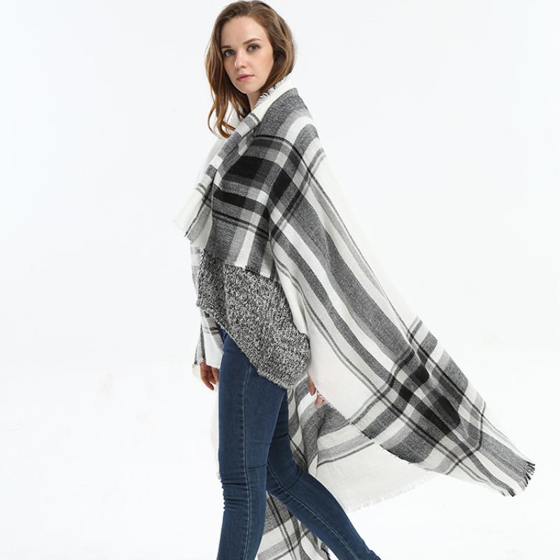 Men's and Women's Autumn and Winter Elegant Wide Black and White Plaid Scarf, Shawl