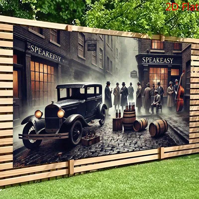 Двумерный фон для бара «Speakeasy», ретро-фон с гангстерской машиной 1920-х годов и бочкой виски для украшения вечеринки