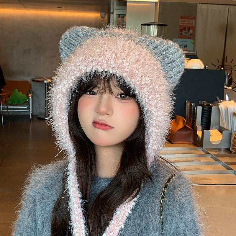 Плюшевая милая шапка с кошачьими ушками, женская зимняя теплая шапка-пуловер с защитой ушей, подчеркивающая лицо, маленькая, универсальная, модная вязаная шерстяная шапка