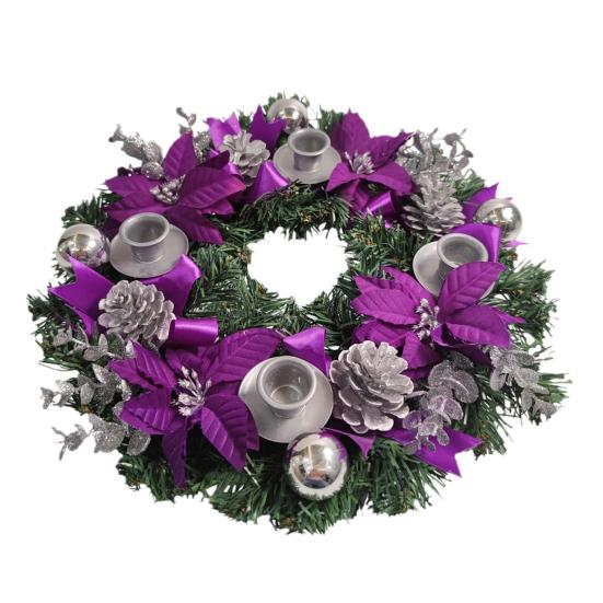13" Purple Ribbon Christmas Advent Wreath 4 Advent Candles Holder Christmas Centerpiece with Bow Artificial Pine Cones