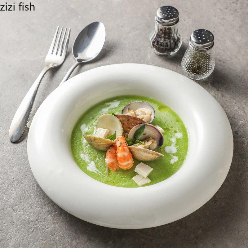 Creative Round Ceramic Pasta Ramen Bowls Fruit Salad Plate Restaurant Solid Color Tableware Soup Pots Dinner Plates Dessert Bowl