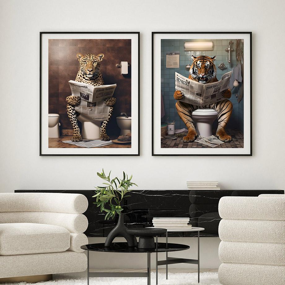 Забавный юмор для ванной комнаты, Настенный декор, Лев, Леопард, Тигр, сидящий на унитазе и читающий газету, постер, художественный принт, холст, живопись