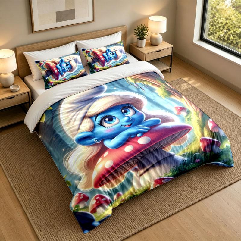 3Pcs Bedding SetSmurfs cute Soft Bed Sheet and Two Pillowcases Home Bedroom Decor