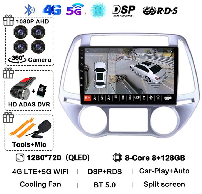 Android 14 Carplay Auto WIFI+4G Автомагнитола Для Hyundai i20 2008 - 2014 Стерео GPS Мультимедиа Видеоплеер 2 Din DVD 360 Камера BT