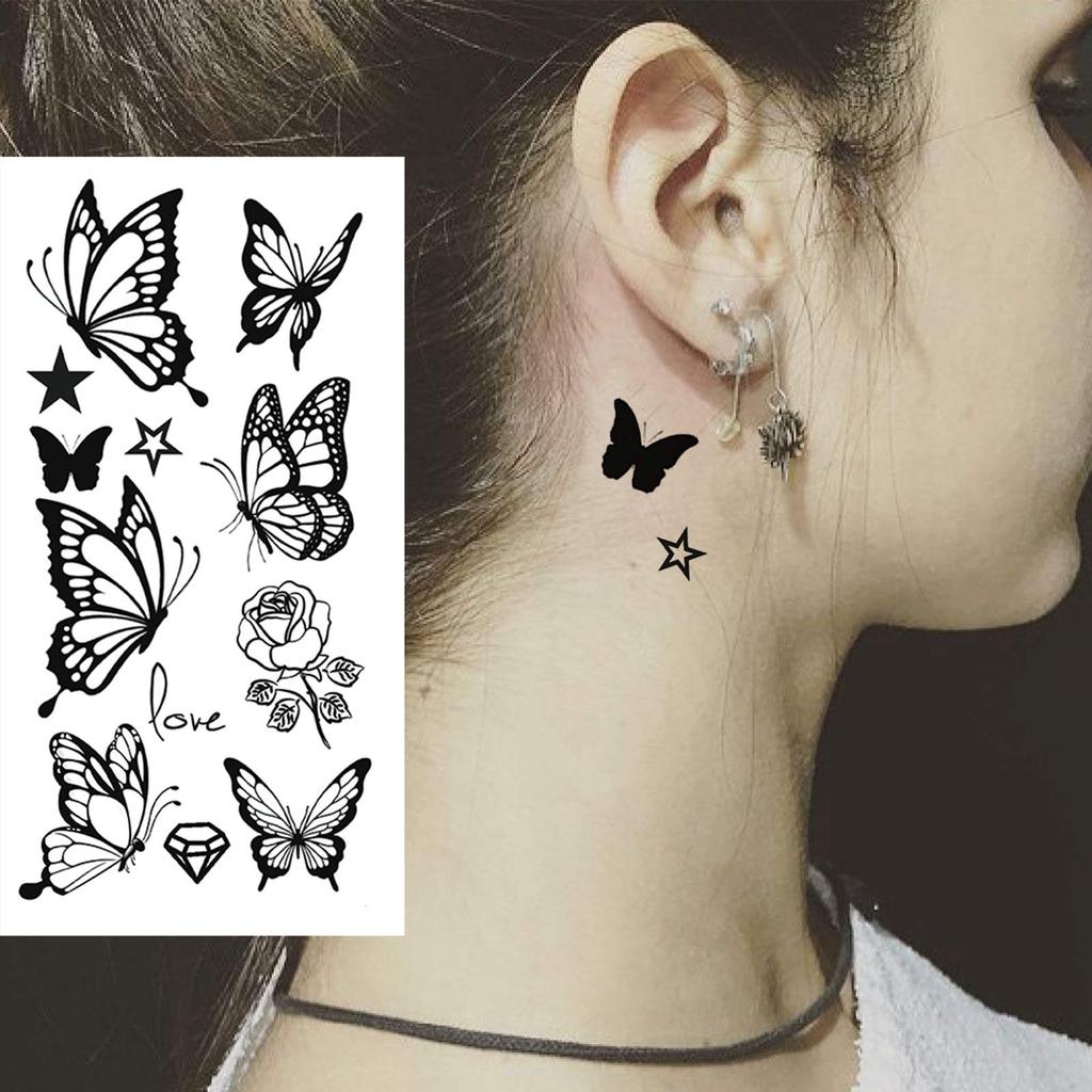 1 Sheet Black Butterfly Temporary Tattoos For Women Adults Fake Water Transfer Letter Tattoo Sticker Neck Hands