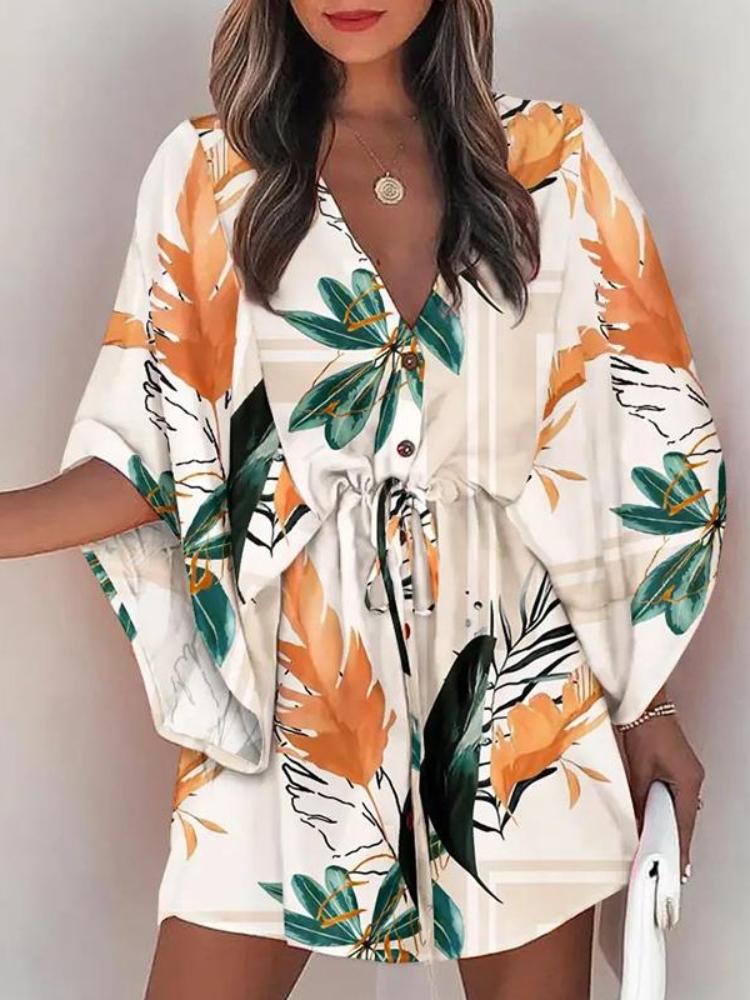 Летнее мини-платье женское с принтом, рукавами «летучая мышь», на шнуровке, с v-образным вырезом, свободные платья на пуговицах, женское пляжное вечернее платье