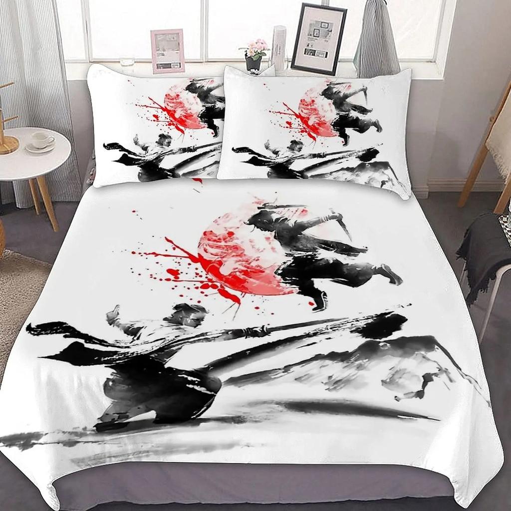 Samurai Duvet Cover Set Sunset Japanese Samurai Quilt Cover Scenery Silhouette Comforter Cover King Size 23pcs Twin Bedding Set