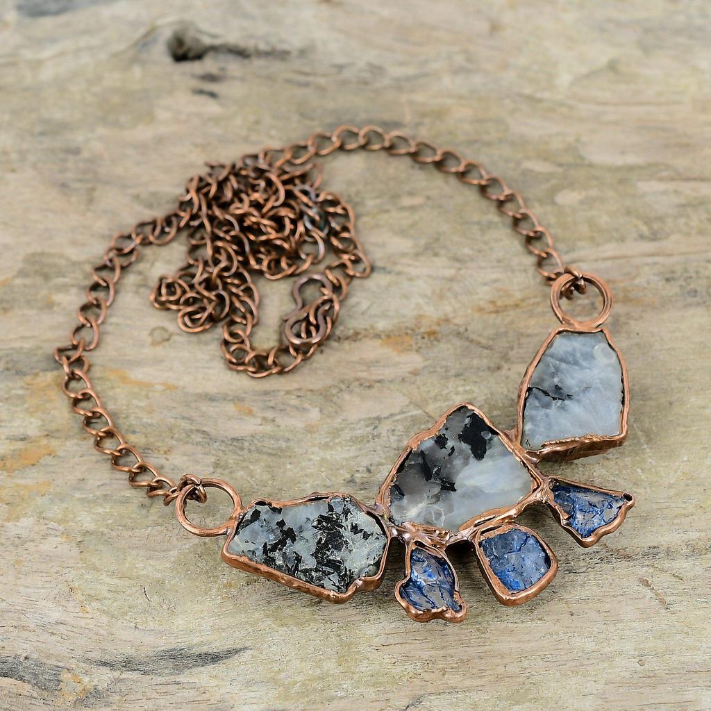 Радужное ожерелье из лунного камня, грубое ожерелье, медное ожерелье, изготовленное гальваническим методом, регулируемое ожерелье-цепочка, ювелирные изделия, изготовленные гальваническим методом, ожерелья с драгоценными камнями ручной работы