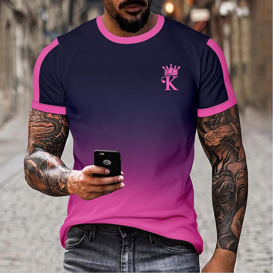Men's Casual Short Sleeved T-shirt with Round Neck KING Pattern Printed Top T-shirt for Men's Street Wear