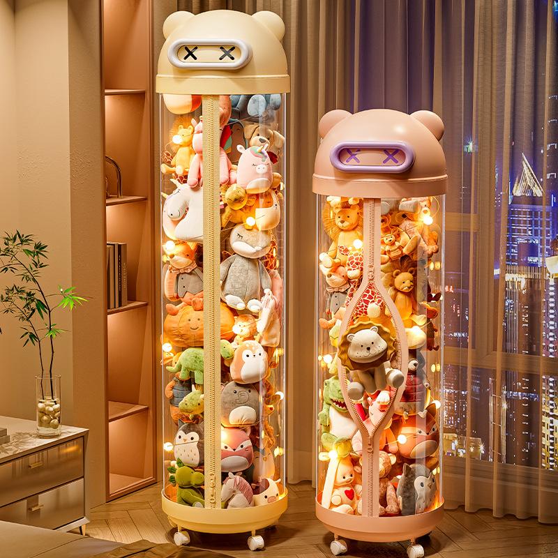 Large Capacity Plush Doll Storage Bucket With Wheels Transparent Storage Bucket Zipper Kids DIY Plushies Toy Display Bucket