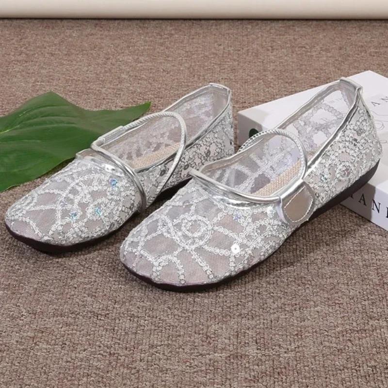 Fashion Women's Shoes 2024 High Quality Mesh Women's Flats Breathable Casual Flats Women Hollow Bling Slip On Soft Bottom Shoes Ladies
