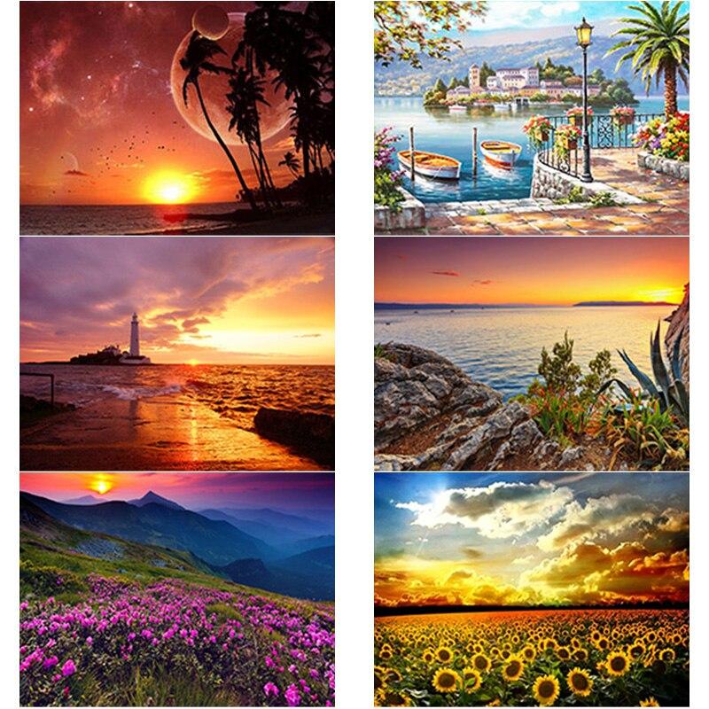 DIY 5D алмазная живопись полная круглая дрель закат пляж Алмазная вышивка вид на море вышивка крестиком искусство домашний декор ручной подарок