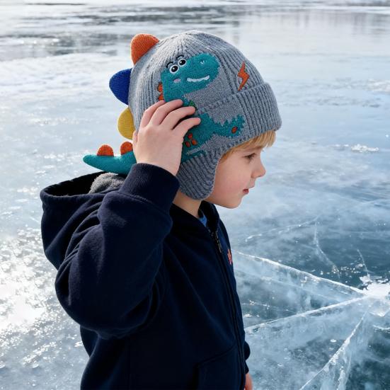 Children Hat Cartoon Dinosaur Design Knitted Hat Soft Warm Ear Protection Kids Animal-themed Hat Winter Accessory