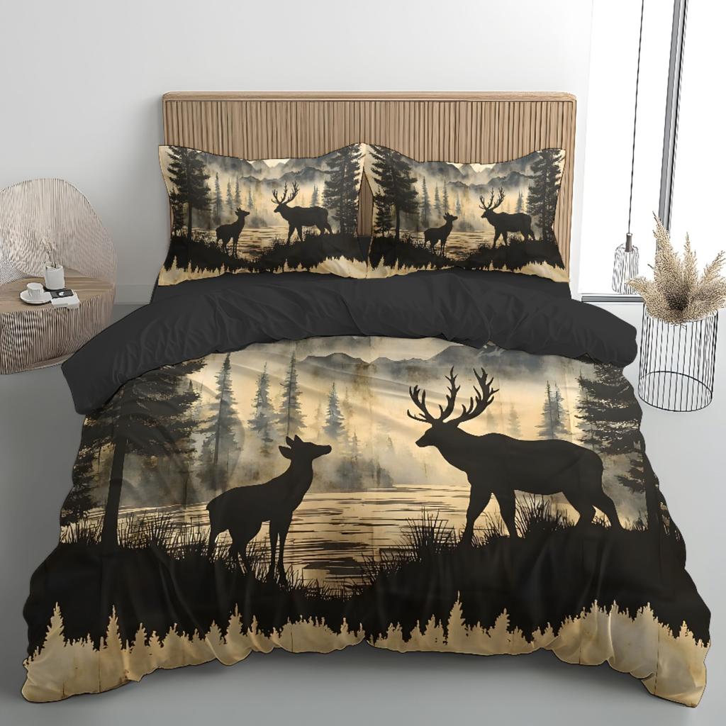 3d Deer by Lake Forest Pattern Duvet Cover Set Fantasy Themed Woven Polyester Bedding with 1 Duvet Cover+1/ 2 Pillowcases