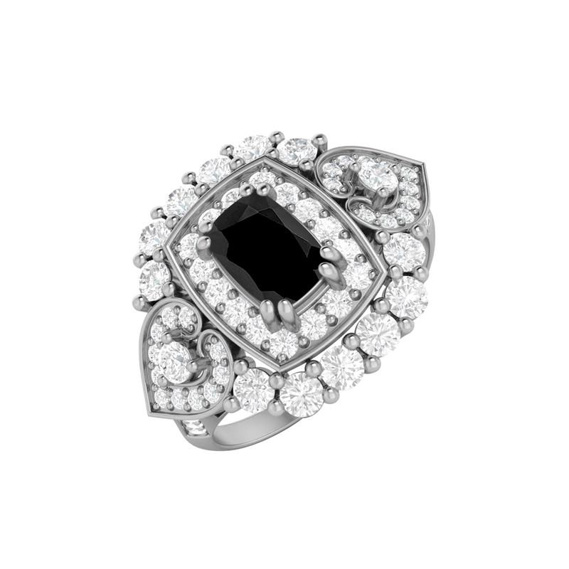 6X4MM Cushion Black Spinel Gemstone 925 Sterling Silver Solitaire Halo Women Engagement Ring