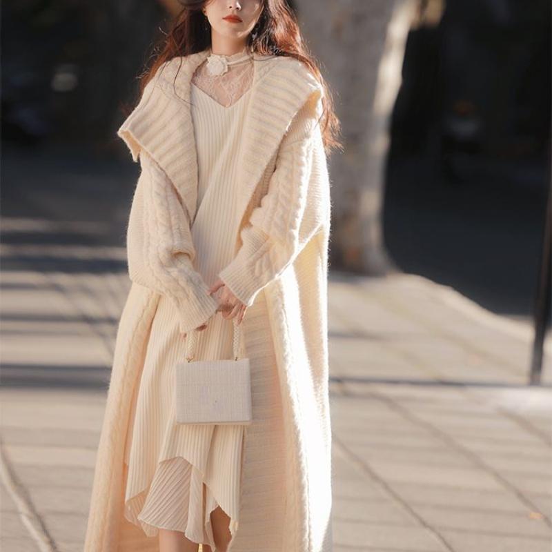 Французский винтажный вязаный кардиган, пальто, женский повседневный свободный свитер с длинным рукавом, длинные пальто, офисные женские туфли, корейский шик, зима 2023