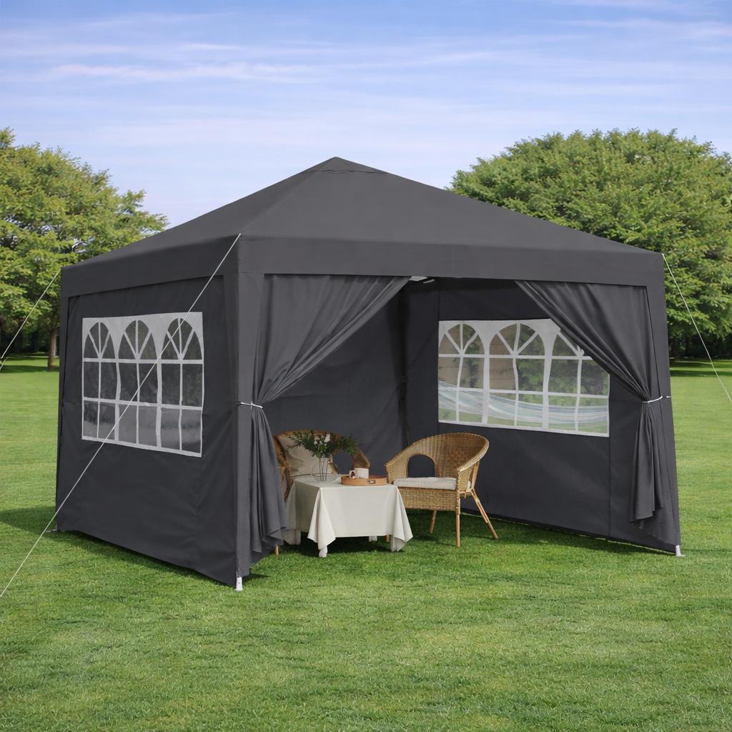 Folding Gazebo 3 x 3 m, waterproof, sturdy and winter-proof, with 4 side walls and 4 sandbags, UV protection 50+, foldable, steel frame (black)