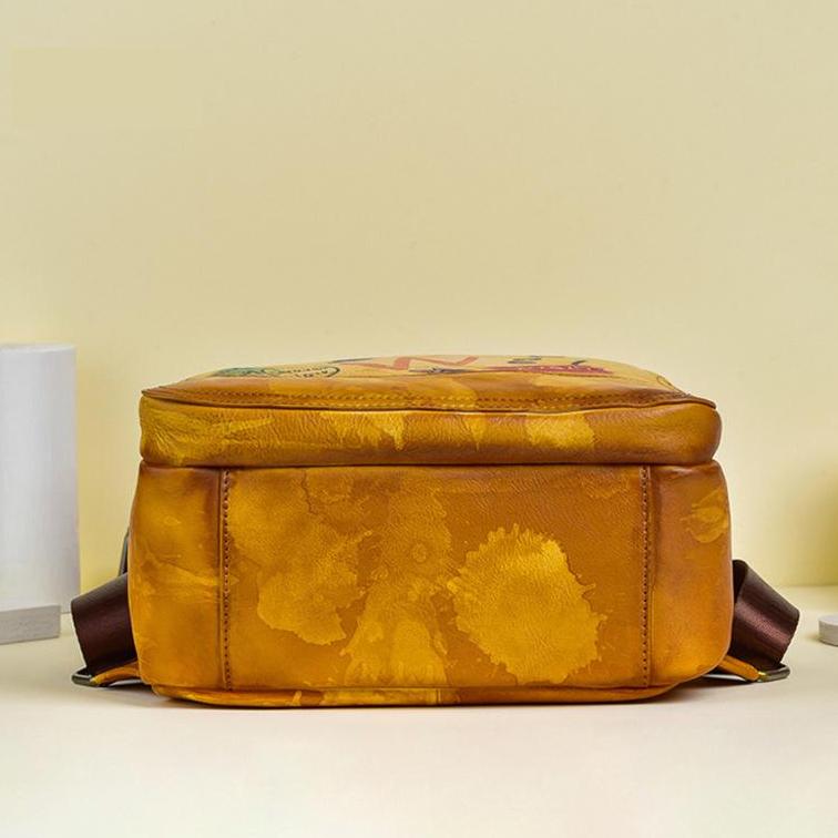 Johnature Retro Genuine Leather Women Bag Hand Painted Backpack First Layer Cowhide Casual Travel Bags