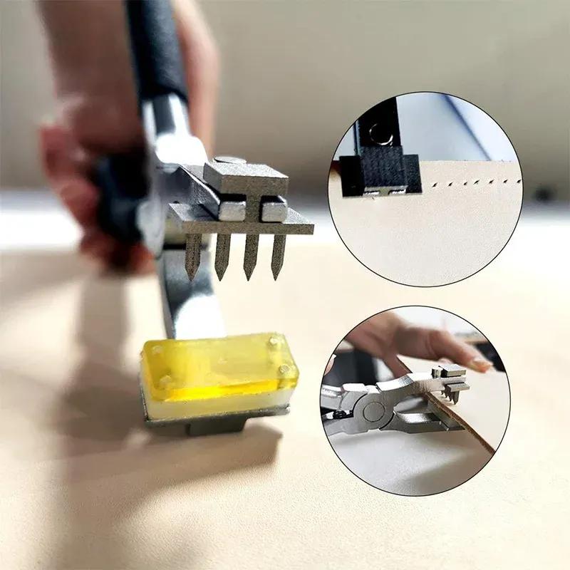 Stitching Hole Punch 4mm Silent Leather Hand Plier with Wooden Needle Case Waxed Thread For Belts Straps Saddles Fabric Leather