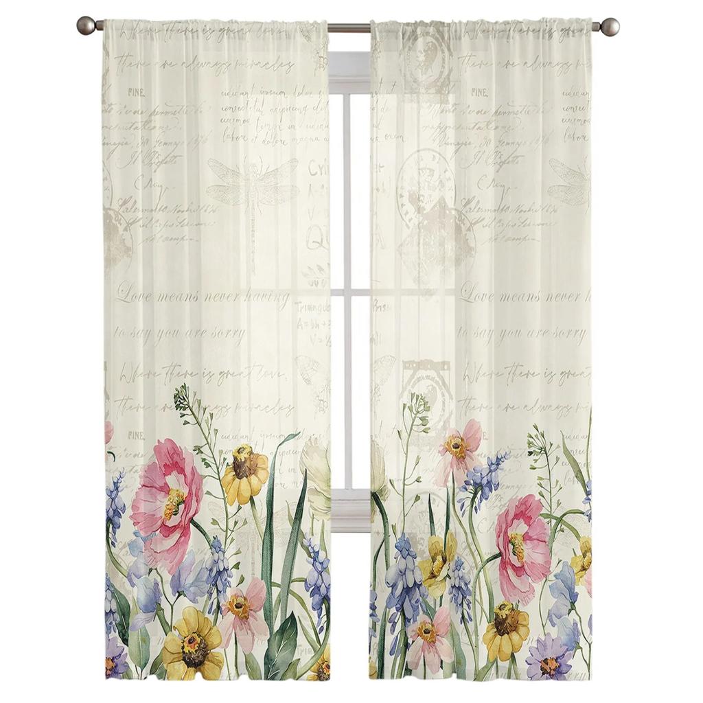 Spring Flowers Plants Wildflowers Sheer Voile Window Curtains Tulle Curtains Living Room Balcony Decoration Drapes