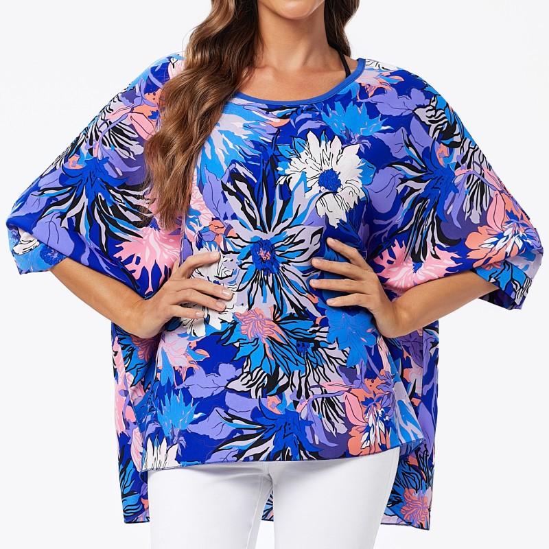 Шифоновые туники больших размеров с цветочным принтом, блузки для женщин, летние рубашки в стиле «летучая мышь» в стиле бохо, пляжные накидки