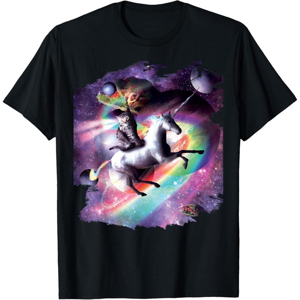 Space Cat Riding Unicorn Graphic Print Mens Cotton Casual Crewneck Tshirt