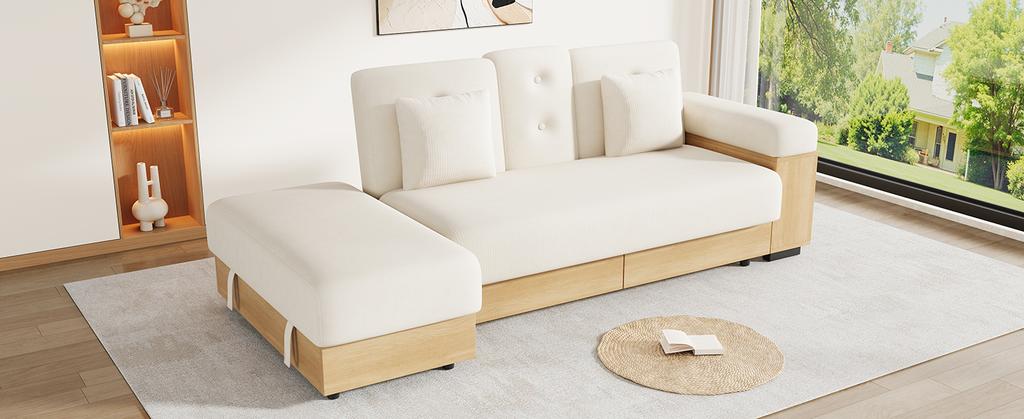 Sectional Sofa with Storage, 3-Way Adjustable Backrest, Sofa Bed with Drawers, Chenille Fabric, MDF Frame, Cup Holder & Storage Ottoman, 217cm, Beige
