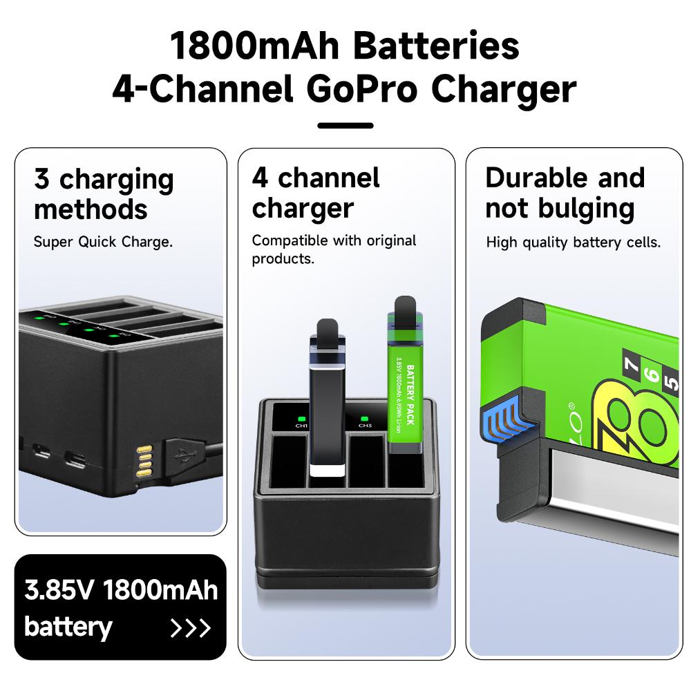 Для аккумулятора GoPro 8 7 5 6+4-солнечный светодиодный фонарик, зарядное устройство, ящик для хранения с usb-кабелем для камеры Gopro Hero 8 7 hero 5 HERO 6