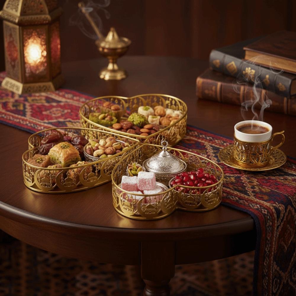 3Pcs Gold Color Ramadan Festival Art Tray Elegant Eid Candy Dish  Islamic Holidays
