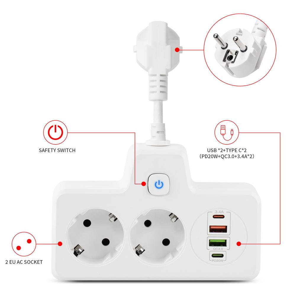 Electrical Socket Fast Charging Ports For Home Office Extension Cord With Switches 2AC Wall Socket Wall Charger With USB Outlets Power Strip Adapter