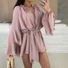Summer Ruffle Long Sleeve Dress for Women Casual V Neck A-line Swing Mini Dress with Belt Irregular Vacation Dress