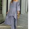Summer Women Fashion Casual Cotton Linen Suit Irregular Long Sleeve Wide Leg Pants Two-piece Suit Plus Size
